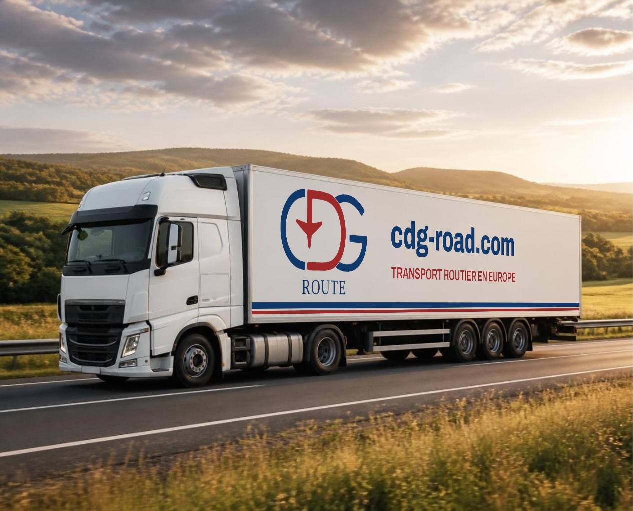 Semi-remorque sur une autoroute au coucher du soleil